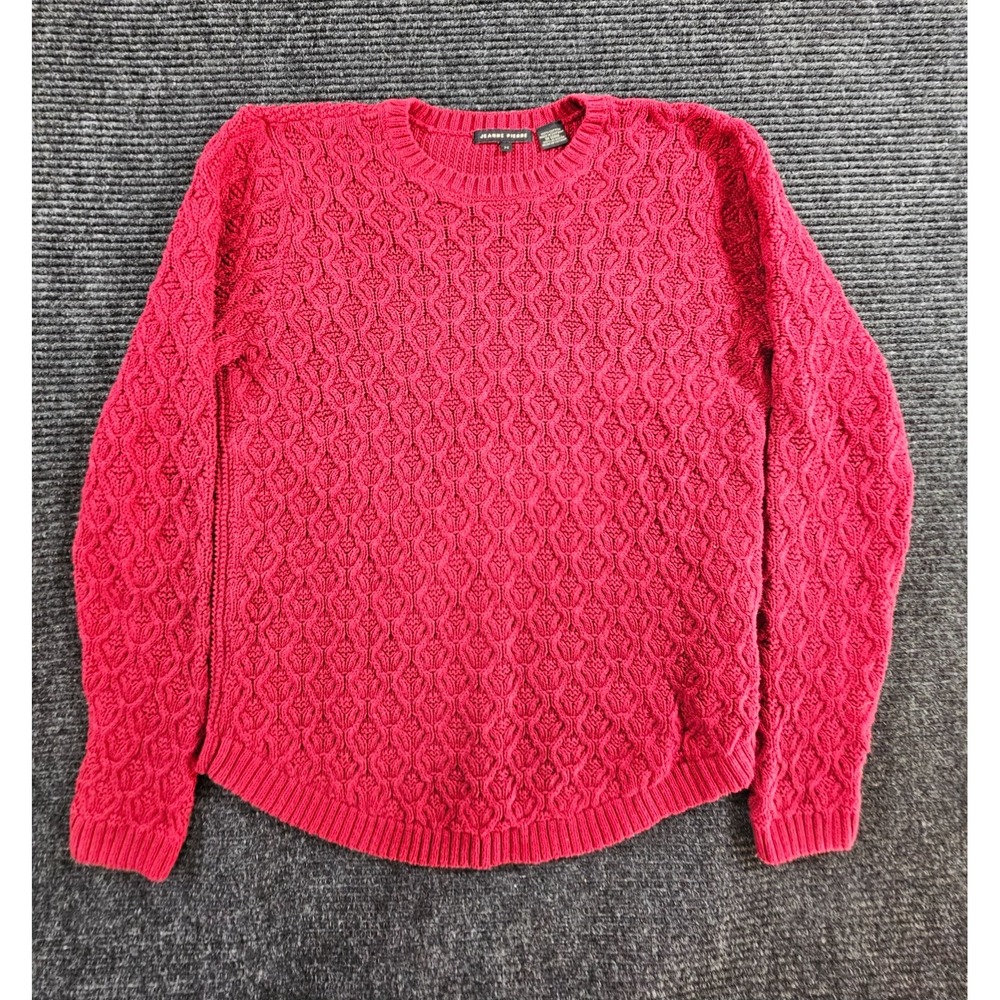 Jeanne Pierre Sweater Women Medium Red Cotton Textured Cable Knit Winter Outdoor